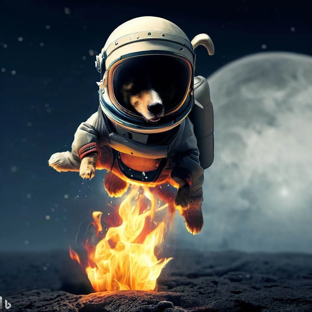 AI-generated picture of a astronaut dog jumping over a fire on the moon