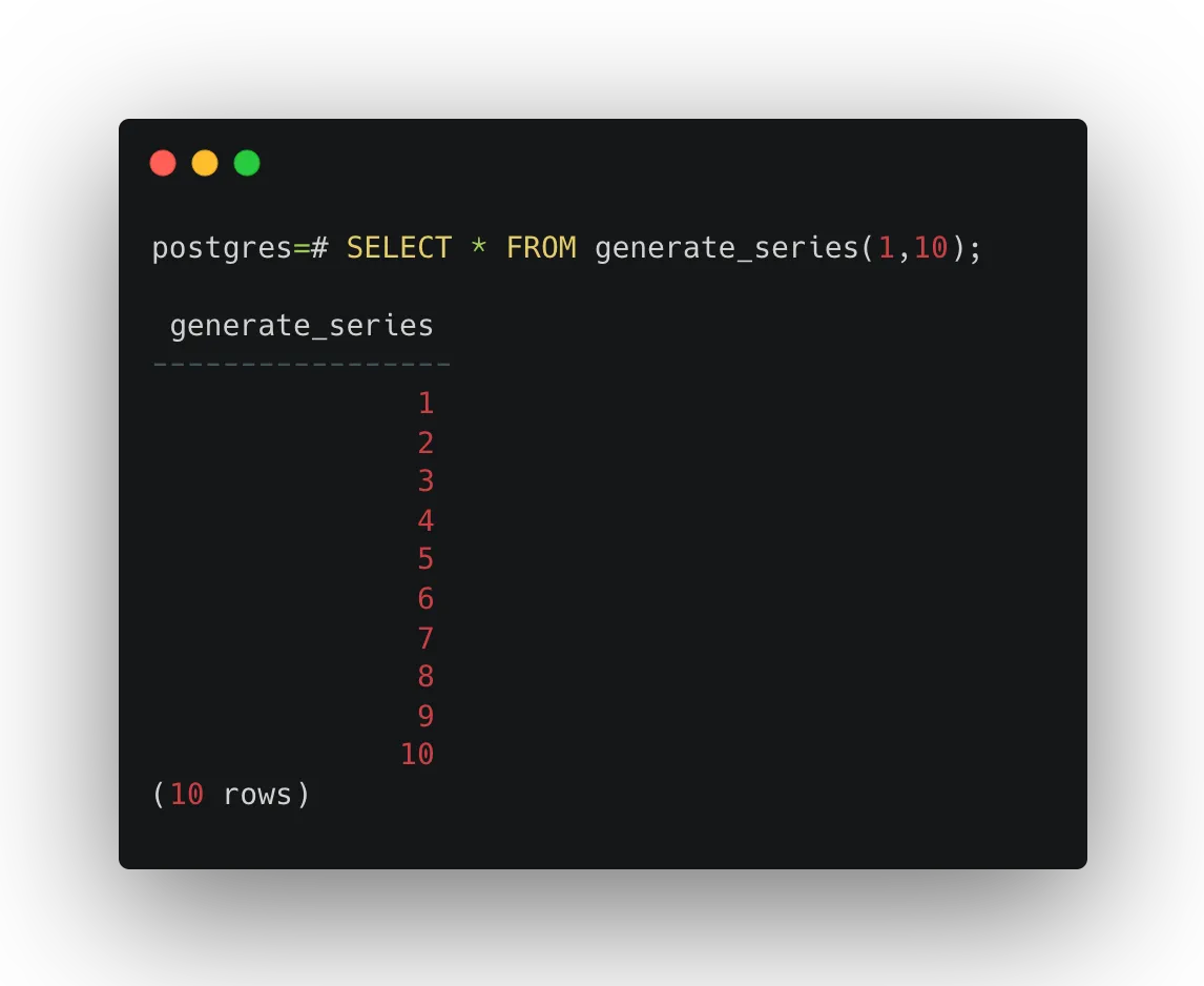 The output showing ten rows of integers from one to ten