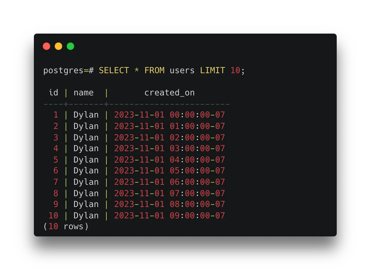 Ten rows in the users table, each with the name Dylan and a created_on column for each hour between 2023-11-01 to 2023-11-07