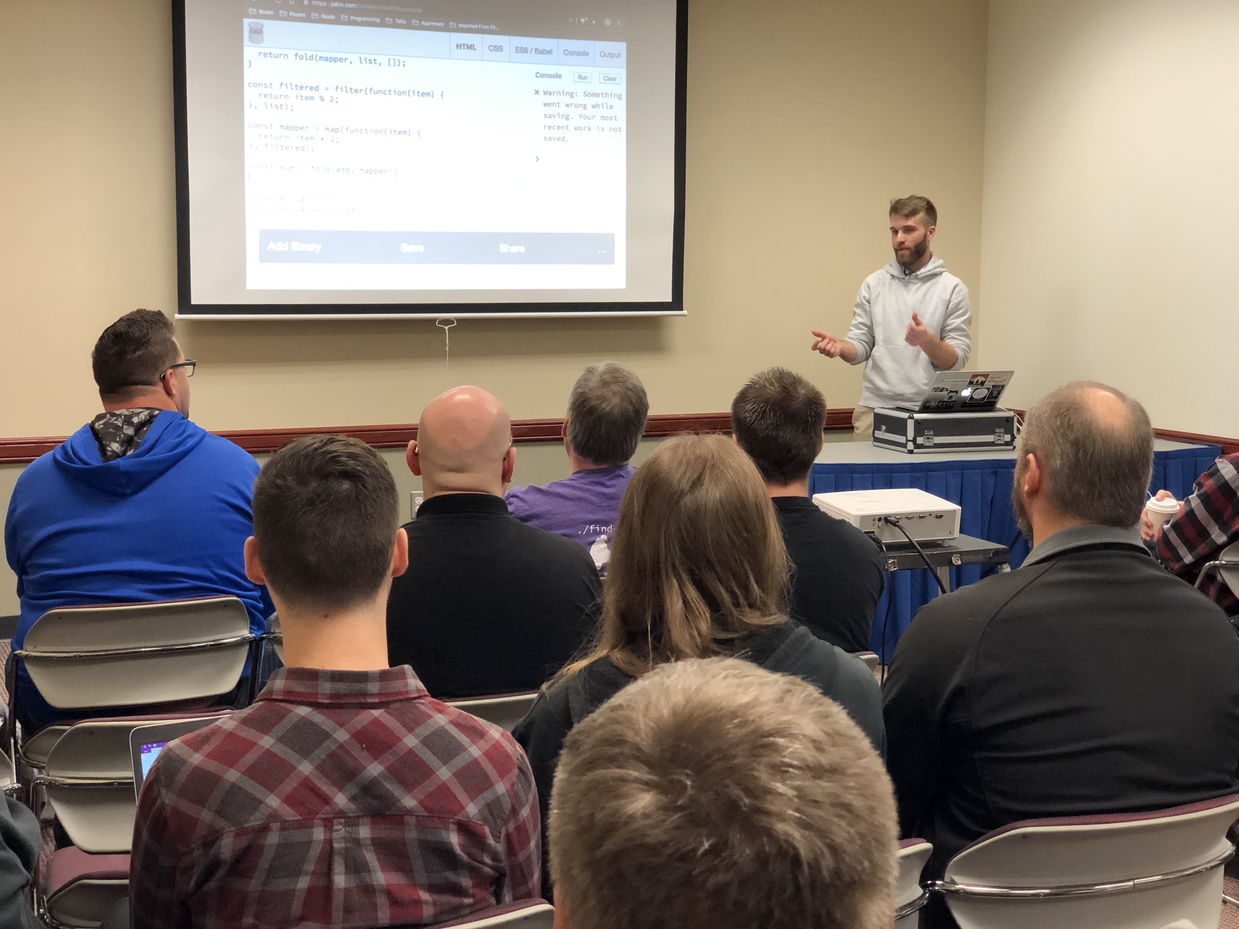 Dylan presenting at Boise Code Camp teaching the fundamentals of functional programming